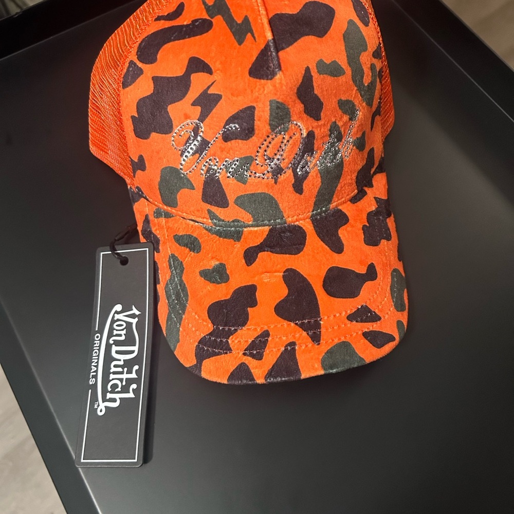 Von Dutch Orange and Black Camo Rhinestone Logo Trucker Hat